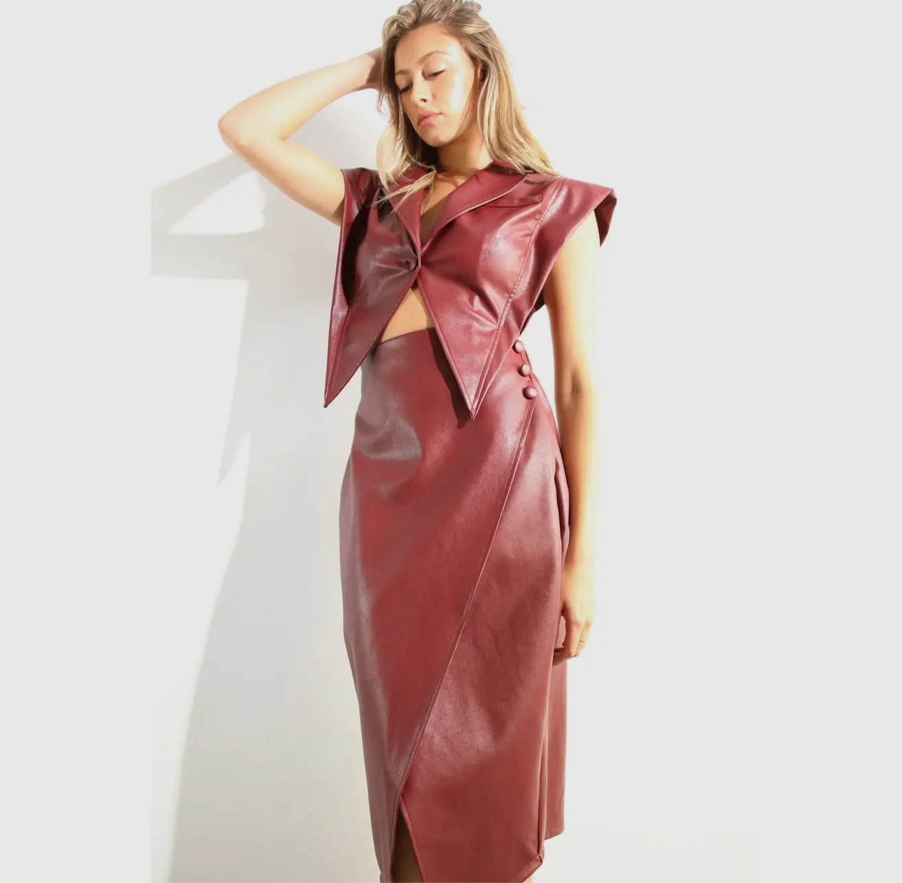 Faux Leather Vest Jacket & Skirt Set