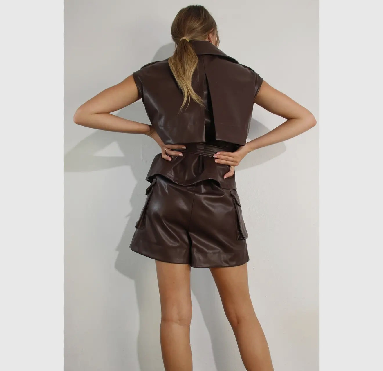 Faux Leather Belted Vest & Shorts Set – Wine Brown