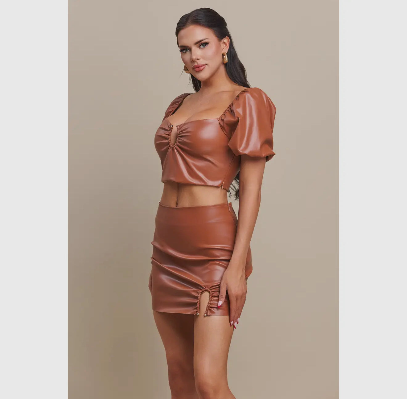Caramel Luxe Faux Leather Two-Piece Set