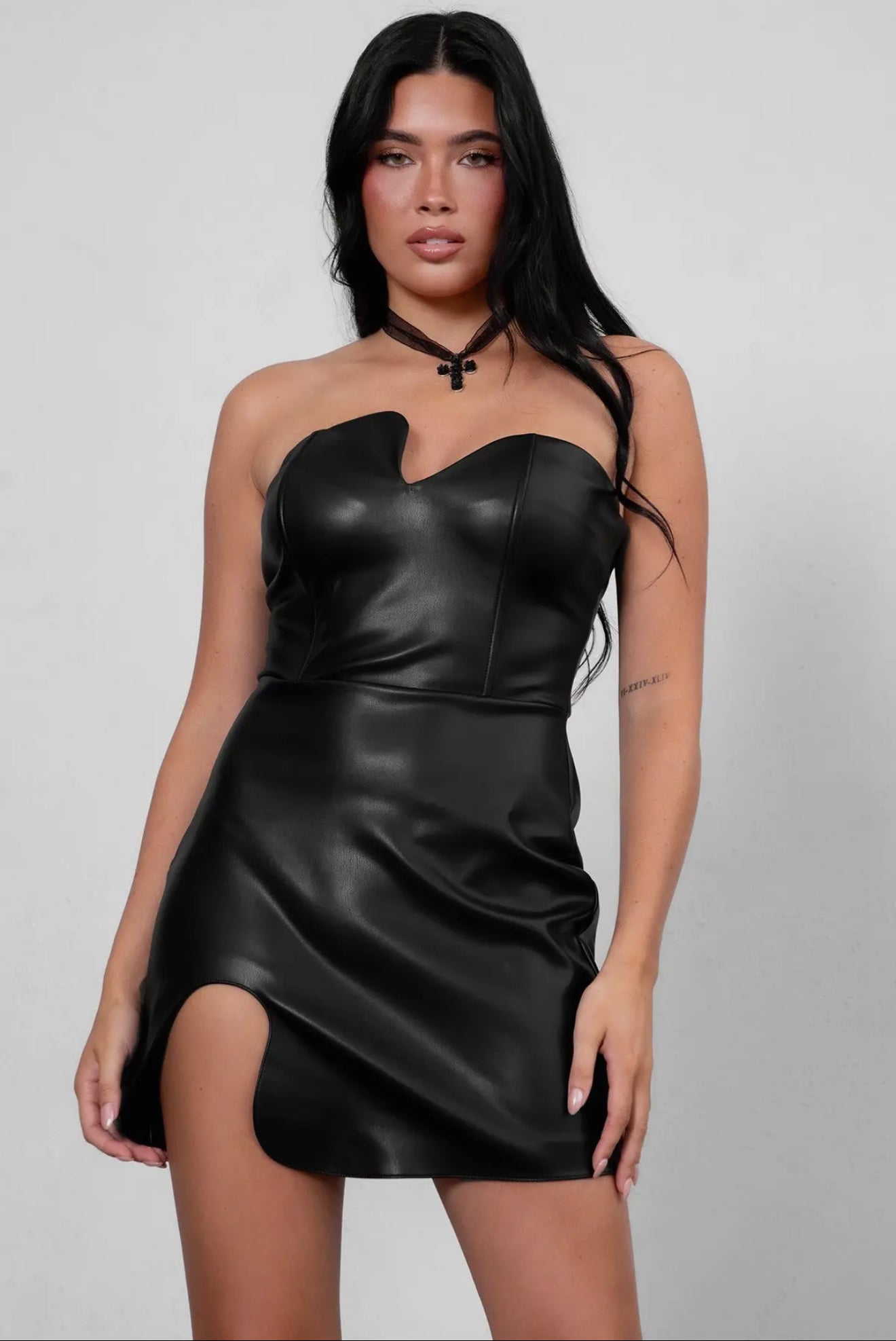 Midnight Siren Faux Leather Strapless Mini Dress – Black”