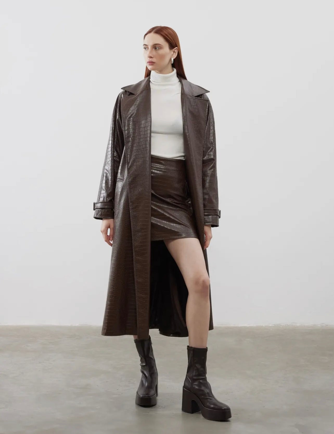 Patterned Leather Belted Trench&jacket set