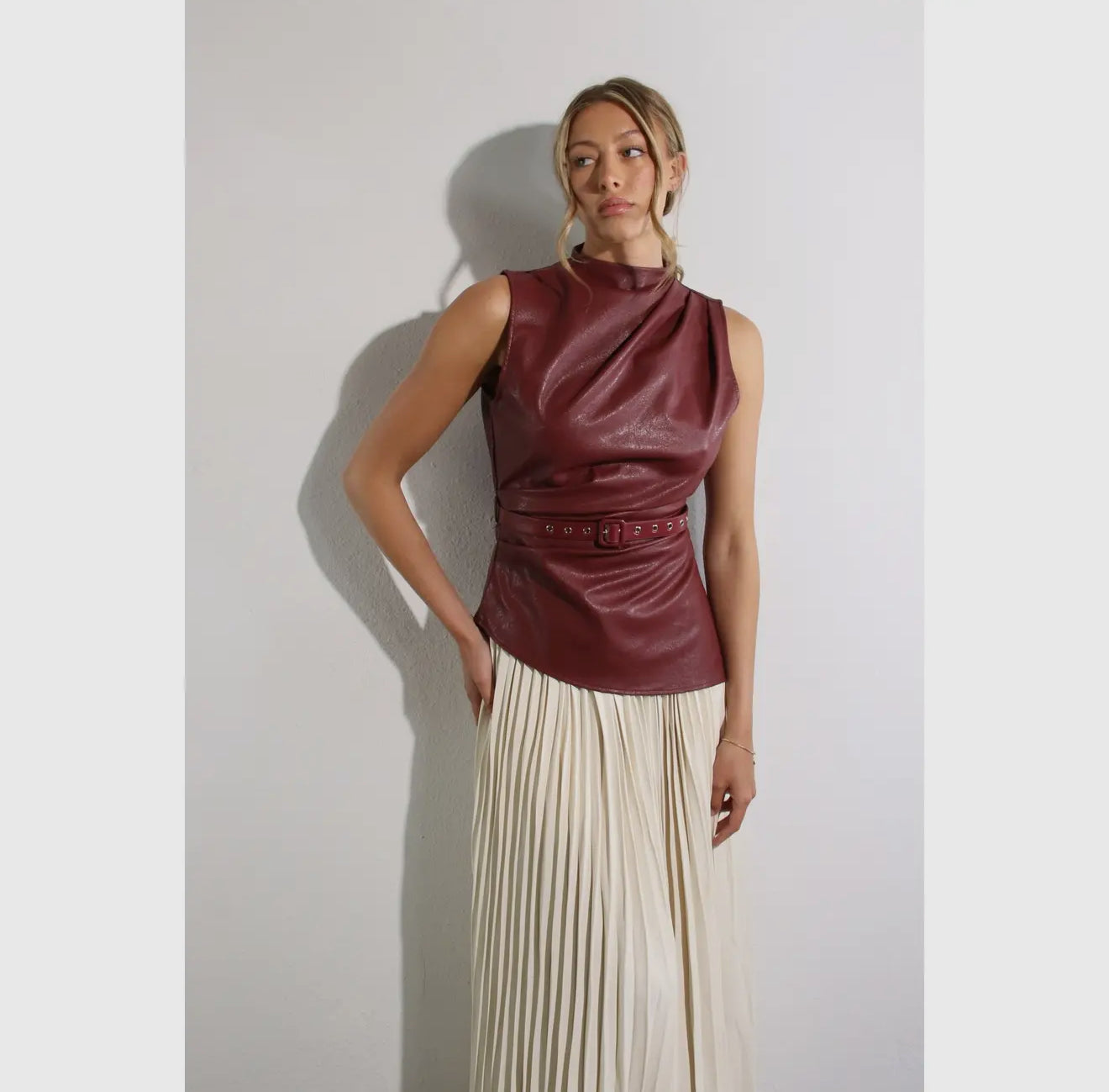“Burgundy Leather Asymmetrical Top & Pleated Maxi Skirt Set”