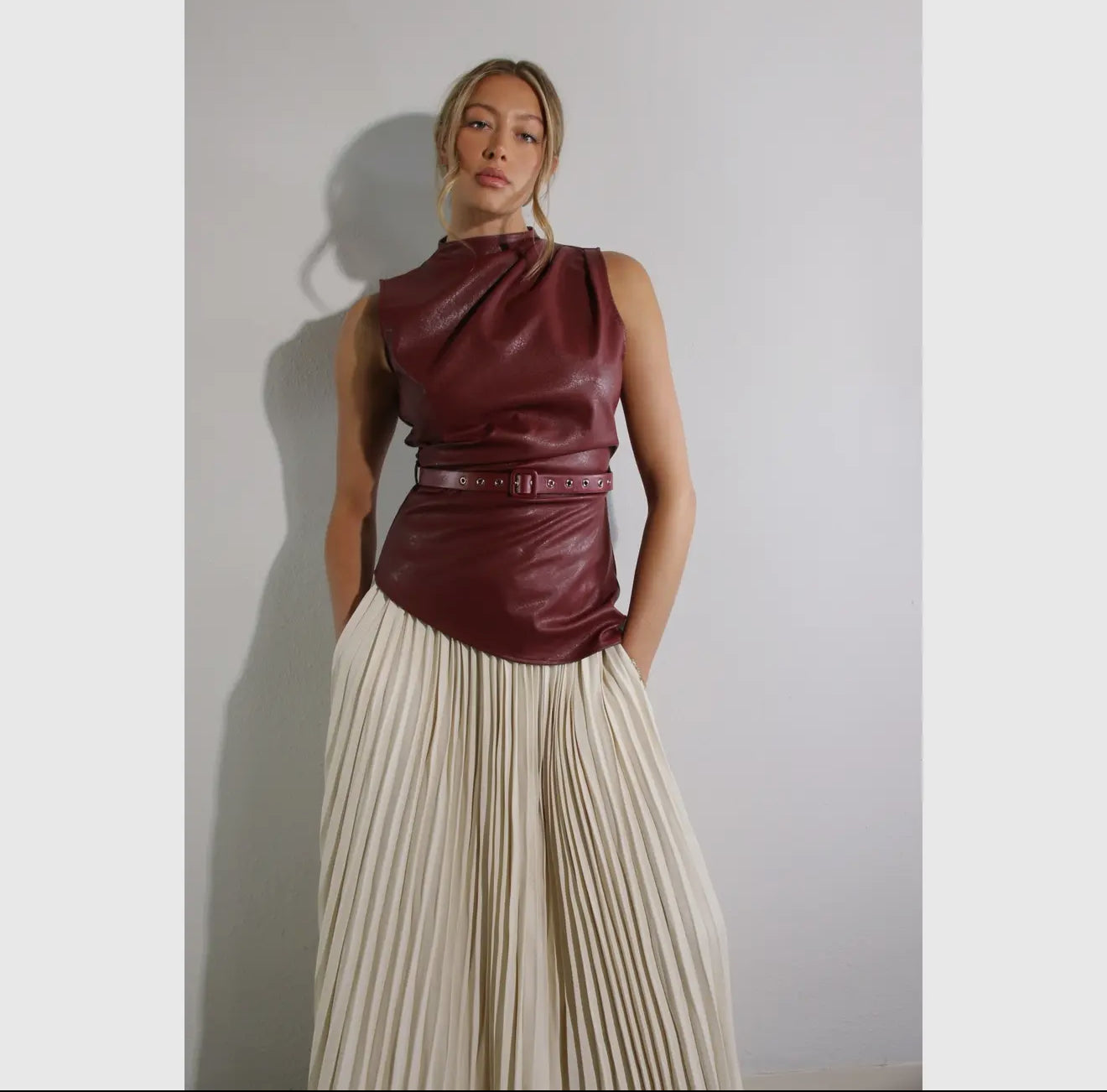 “Burgundy Leather Asymmetrical Top & Pleated Maxi Skirt Set”