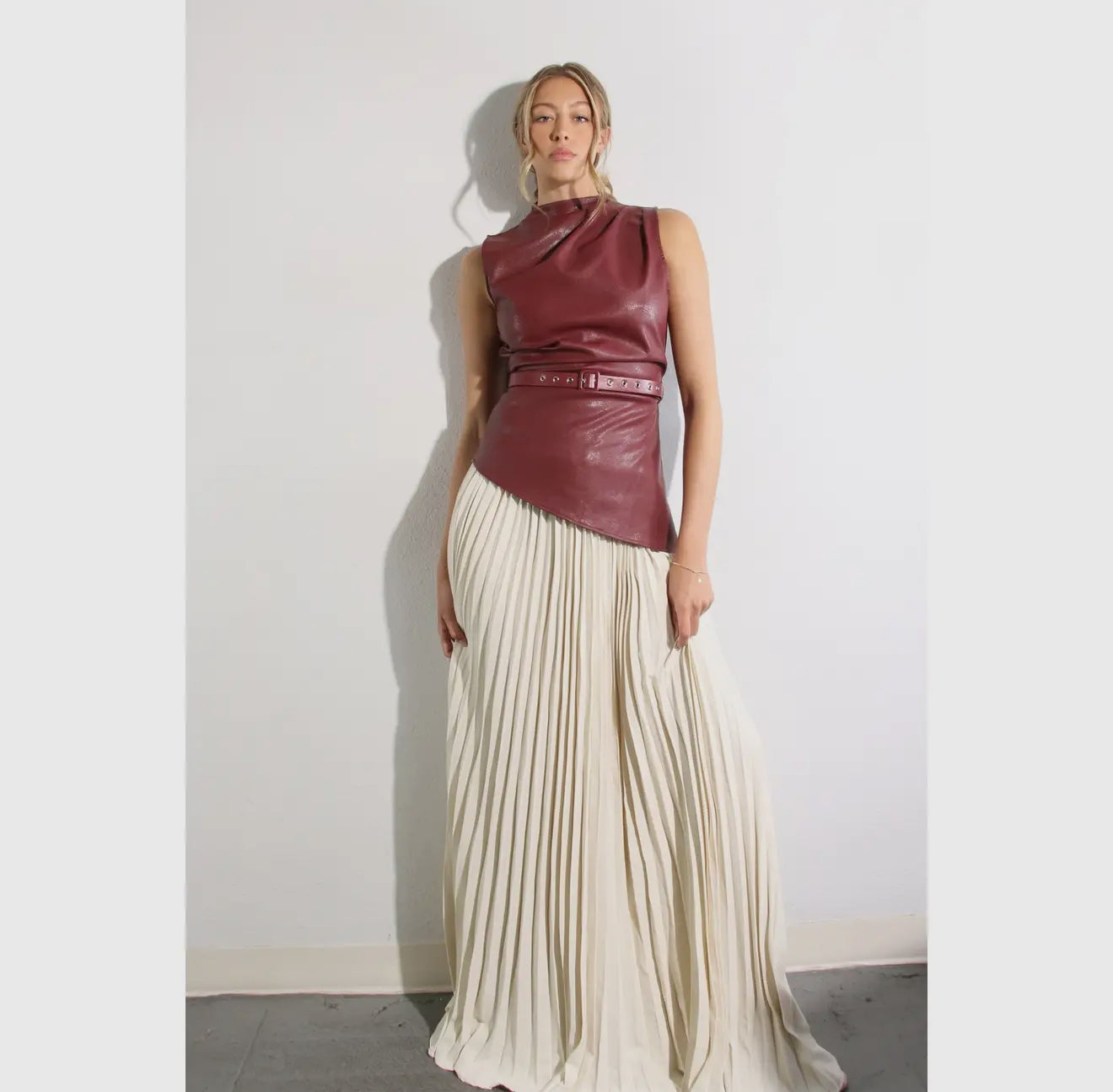 “Burgundy Leather Asymmetrical Top & Pleated Maxi Skirt Set”