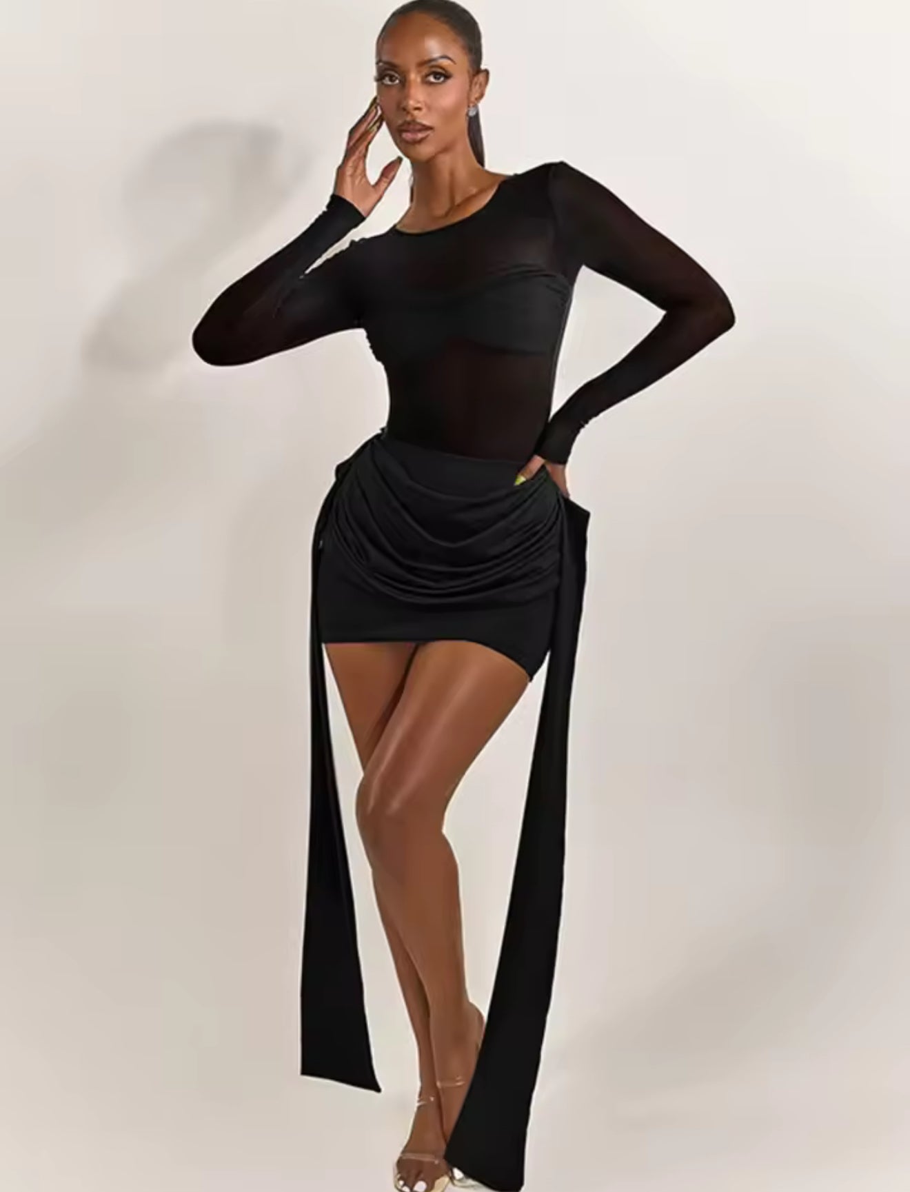 Mesh Long-Sleeve Mini Dress with Draped Side Panels – Black & Teal