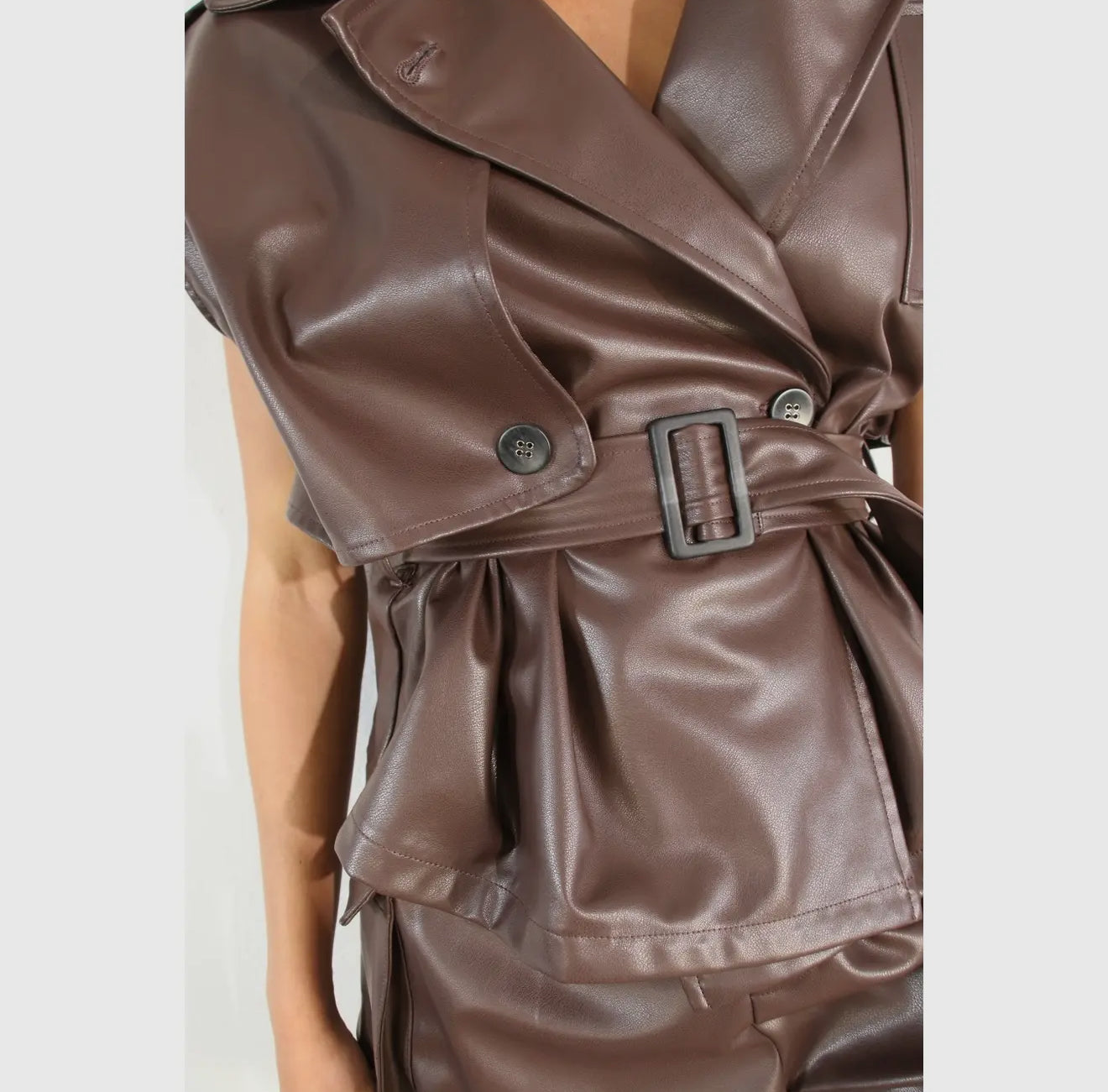 Faux Leather Belted Vest & Shorts Set – Wine Brown