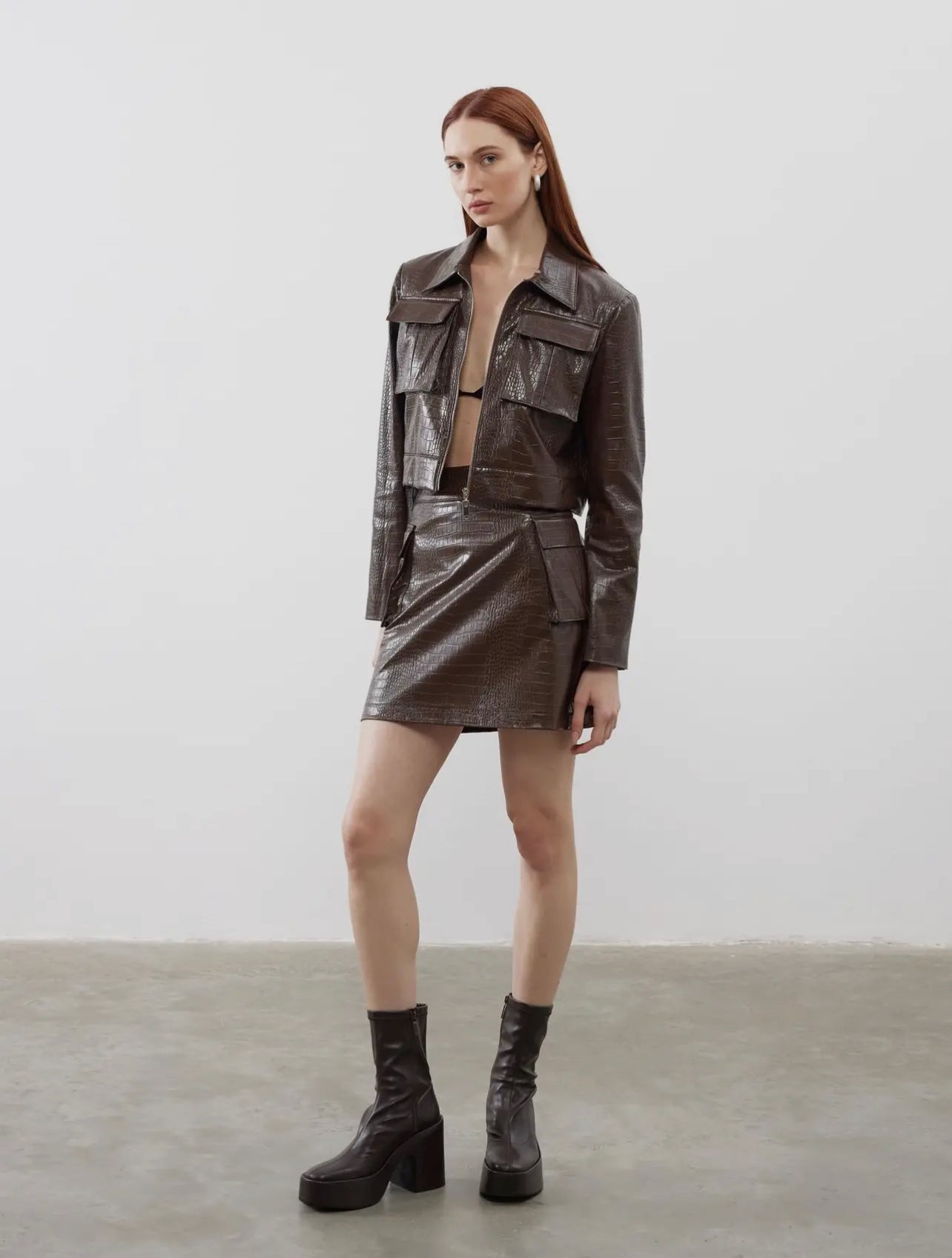 Patterned Leather Belted Trench&jacket set