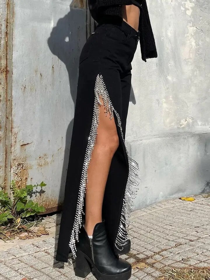 Slit rhinestone jeans