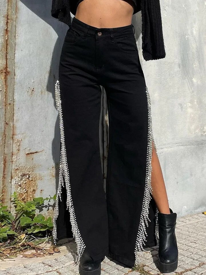 Slit rhinestone jeans