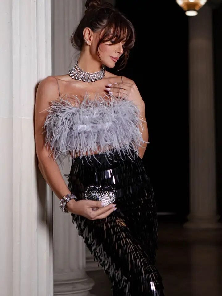 Feather top and sequin skirt