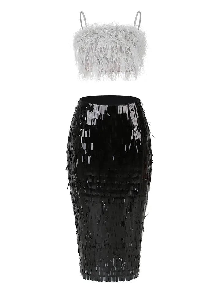 Feather top and sequin skirt