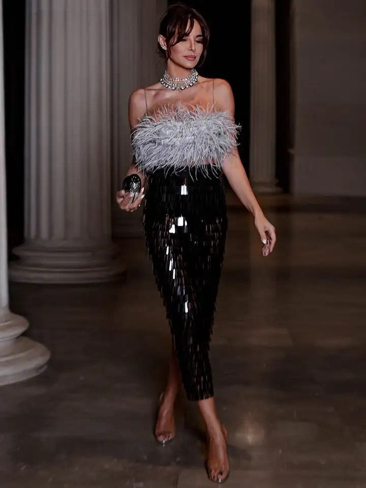 Feather top and sequin skirt