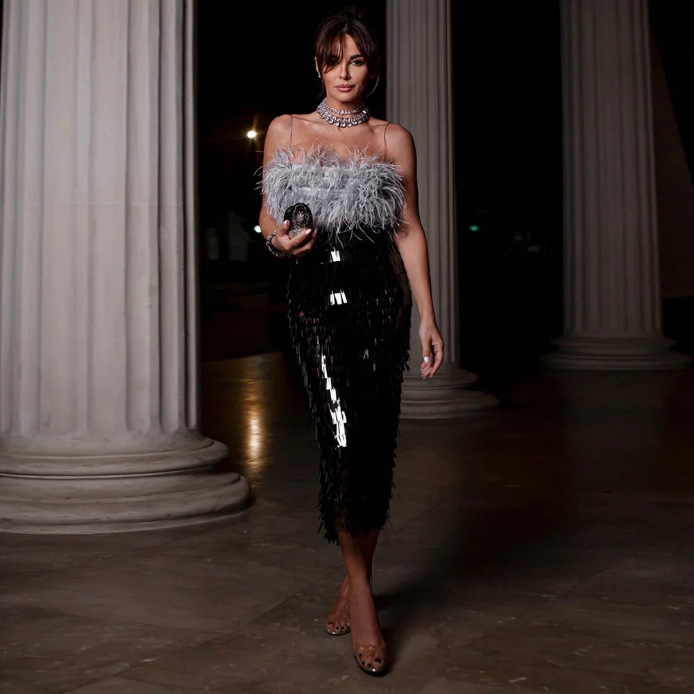 Feather top and sequin skirt