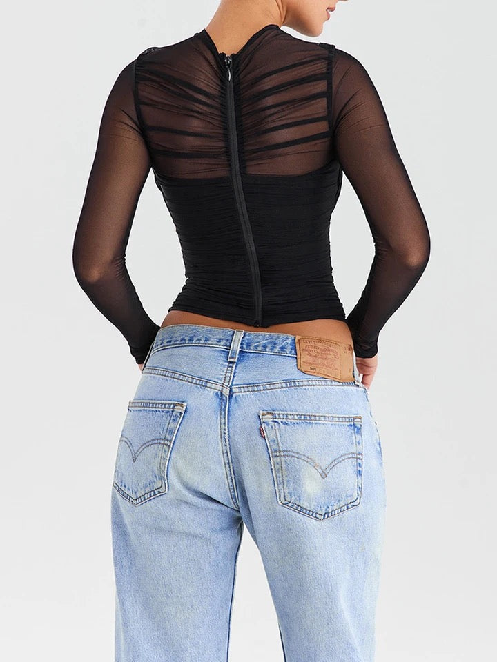 Sheer Mesh Long Sleeve Sexy T-shirt Women 2023 Autumn New V Neck