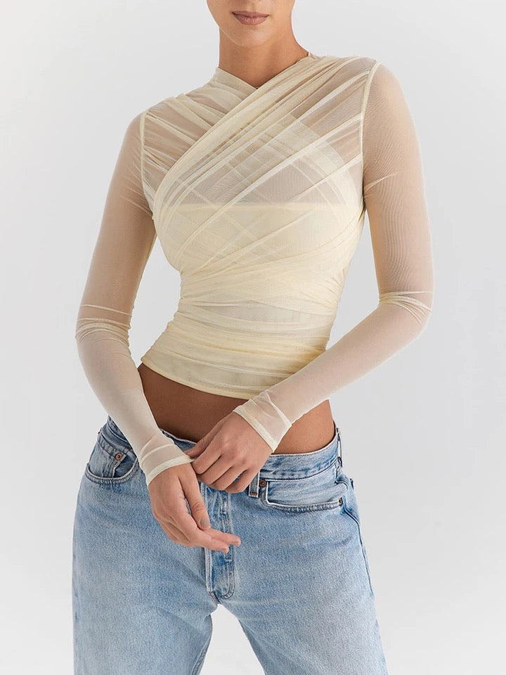 Sheer Mesh Long Sleeve Sexy T-shirt Women 2023 Autumn New V Neck