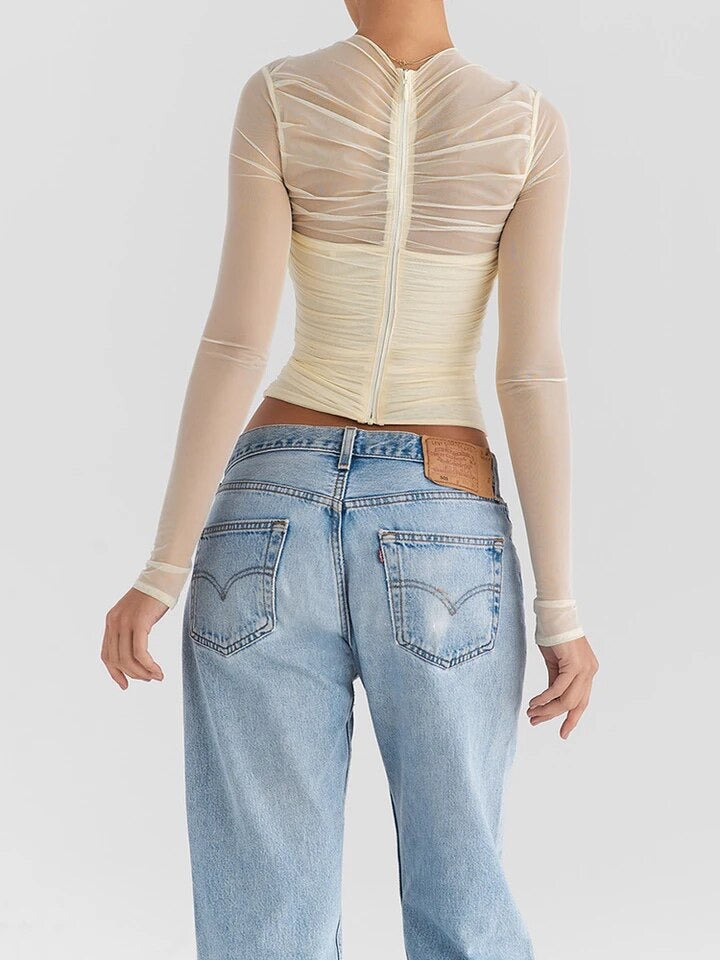 Sheer Mesh Long Sleeve Sexy T-shirt Women 2023 Autumn New V Neck