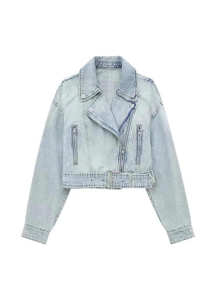 Women 2023 Autumn Winter Denim Coat Lapel Long Sleeve Short