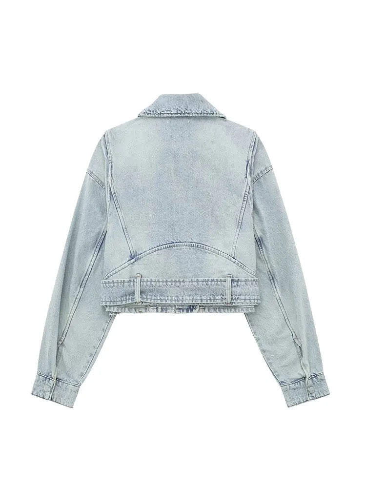 Women 2023 Autumn Winter Denim Coat Lapel Long Sleeve Short