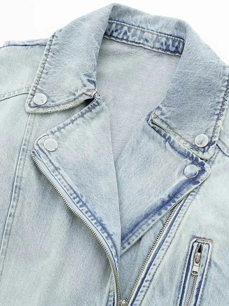 Women 2023 Autumn Winter Denim Coat Lapel Long Sleeve Short