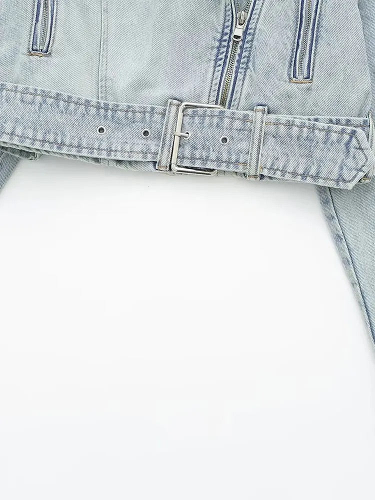 Women 2023 Autumn Winter Denim Coat Lapel Long Sleeve Short