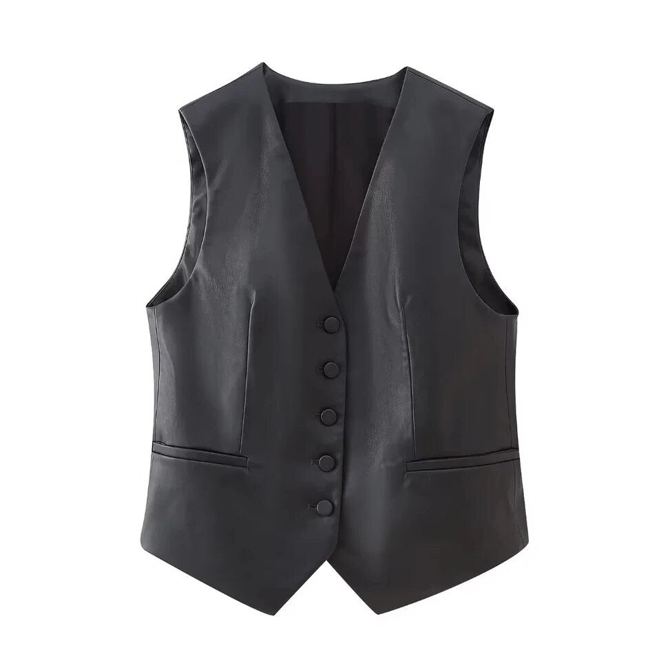 Sleeveless Black Vest Woman Faux