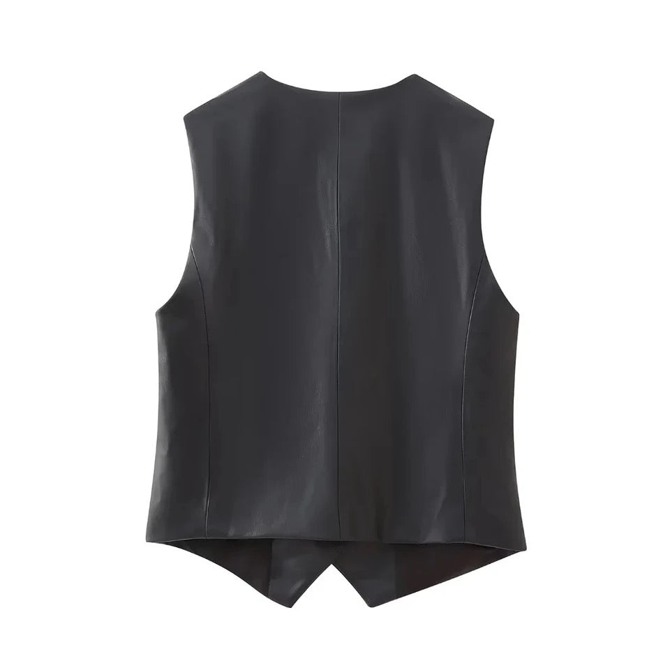 Sleeveless Black Vest Woman Faux