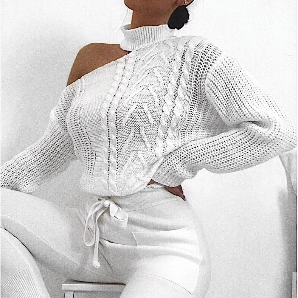 Women's Sweaters Long Sleeve Solid Loose Sweater Bare Shoulders Knitted Pullovers White Jumper Autumn Winter