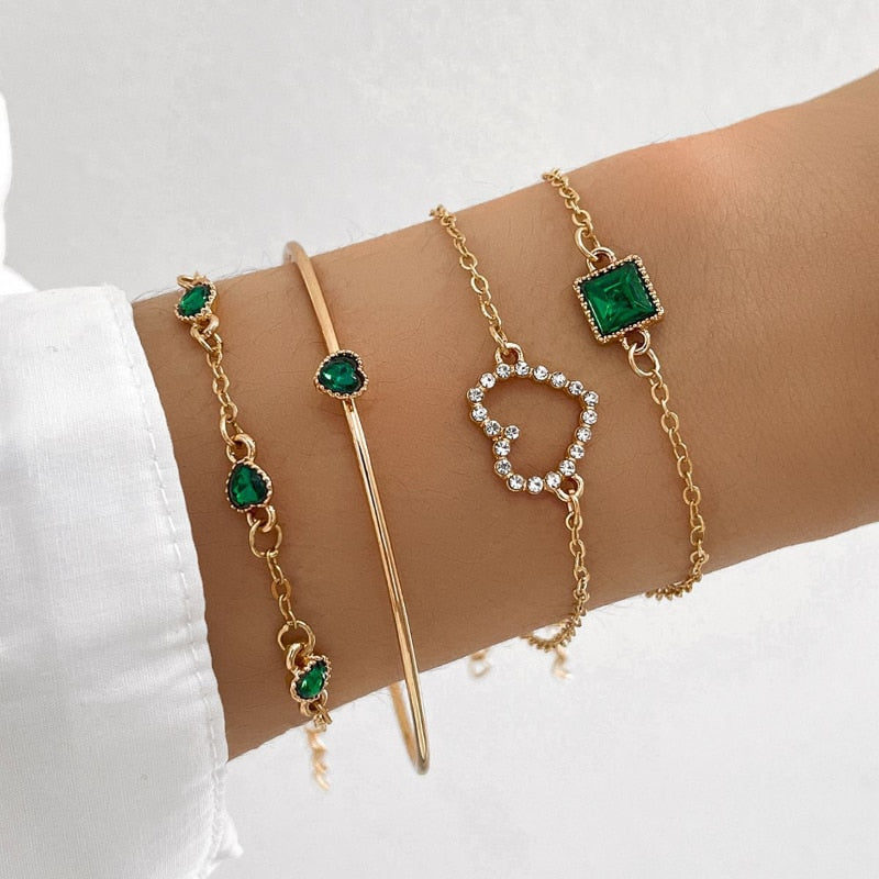 4pc Inlaid Green Gemstone Bracelet Set