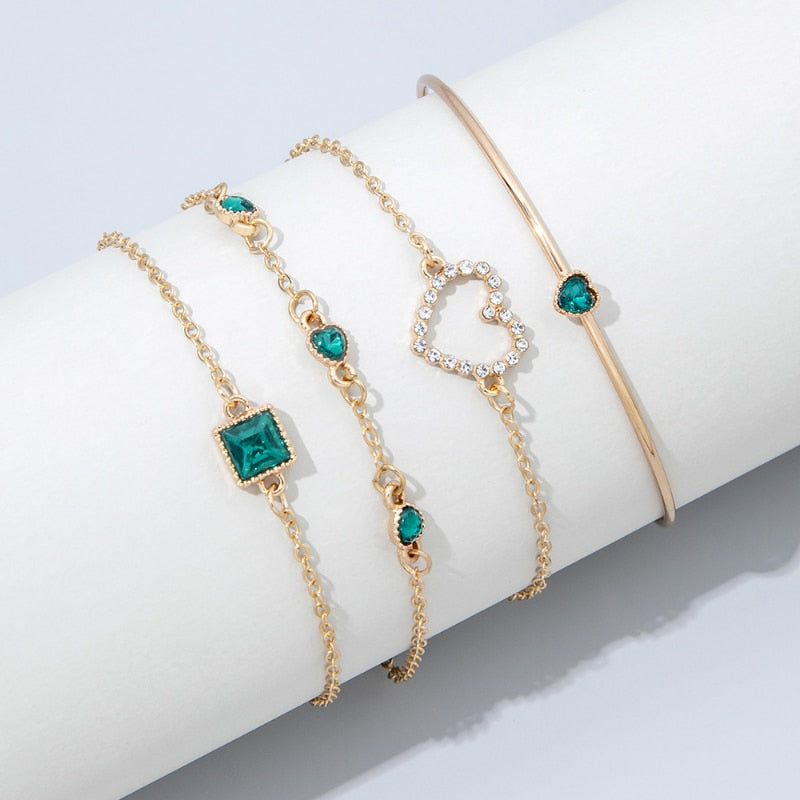 4pc Inlaid Green Gemstone Bracelet Set