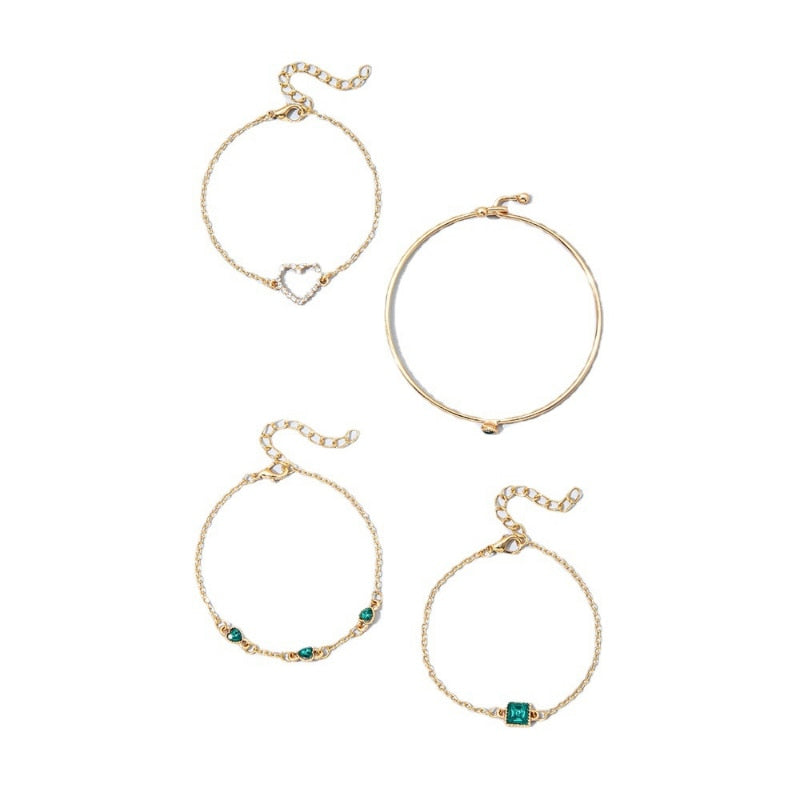 4pc Inlaid Green Gemstone Bracelet Set