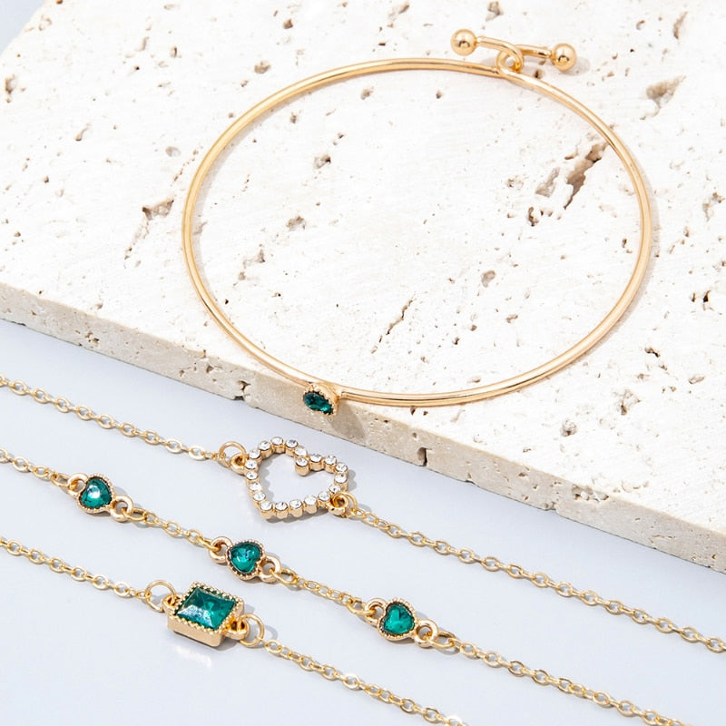 4pc Inlaid Green Gemstone Bracelet Set