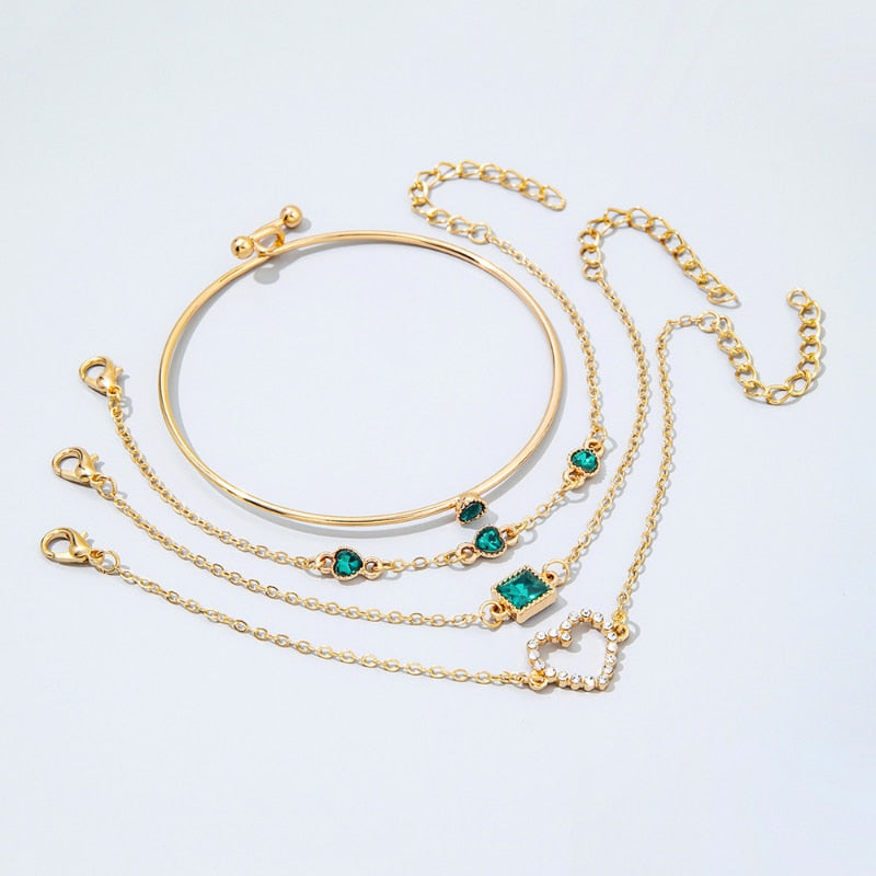 4pc Inlaid Green Gemstone Bracelet Set