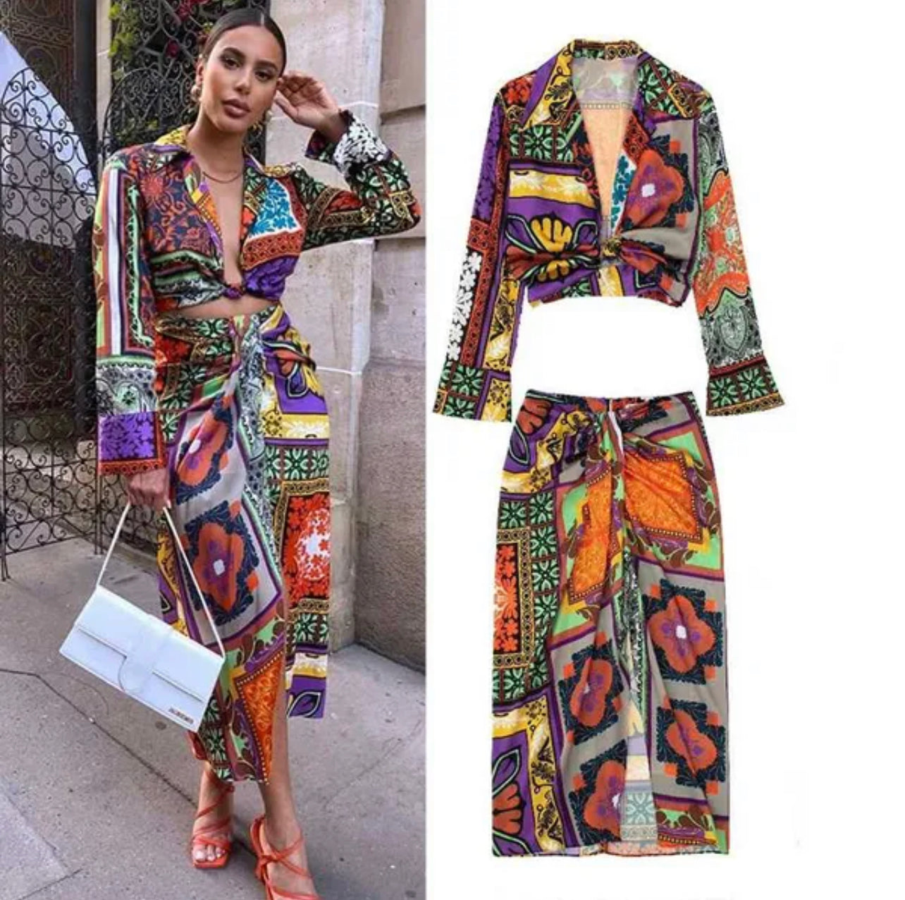 Fashion retro knotted skirt -shirt set