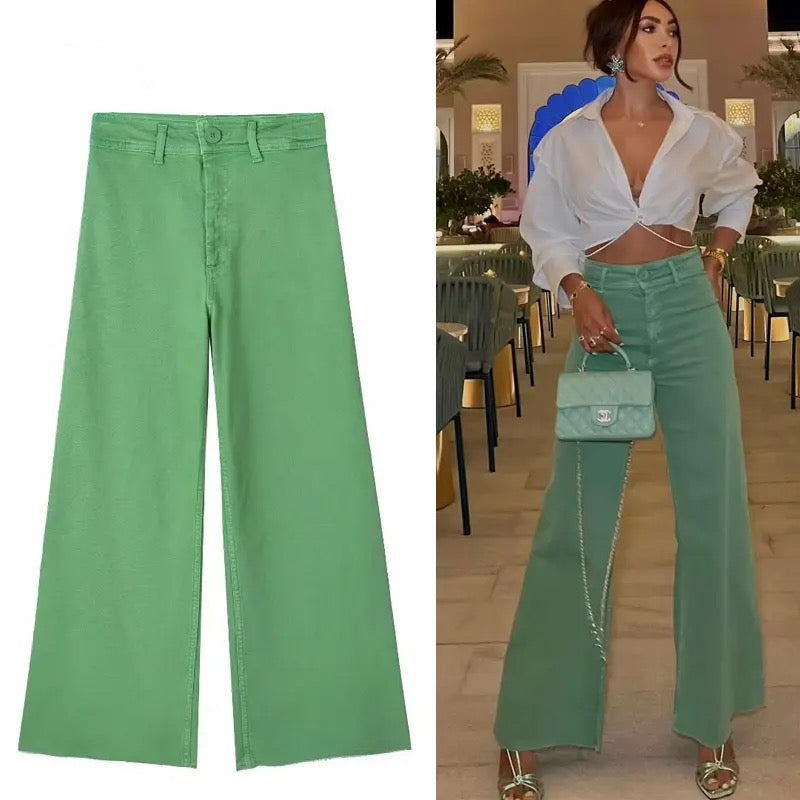 High waisted denim trousers