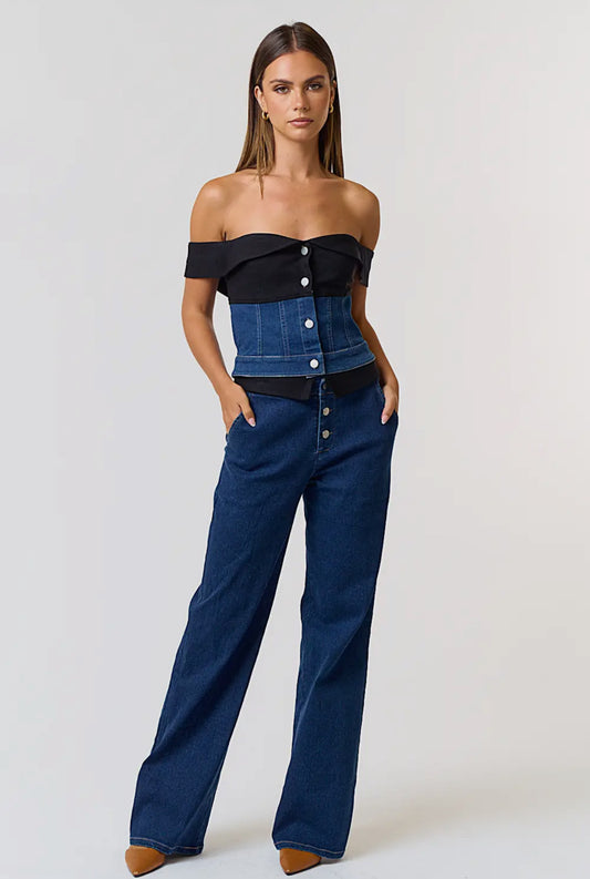 Foldover Contrast Waist Button
Up Denim Pants&top