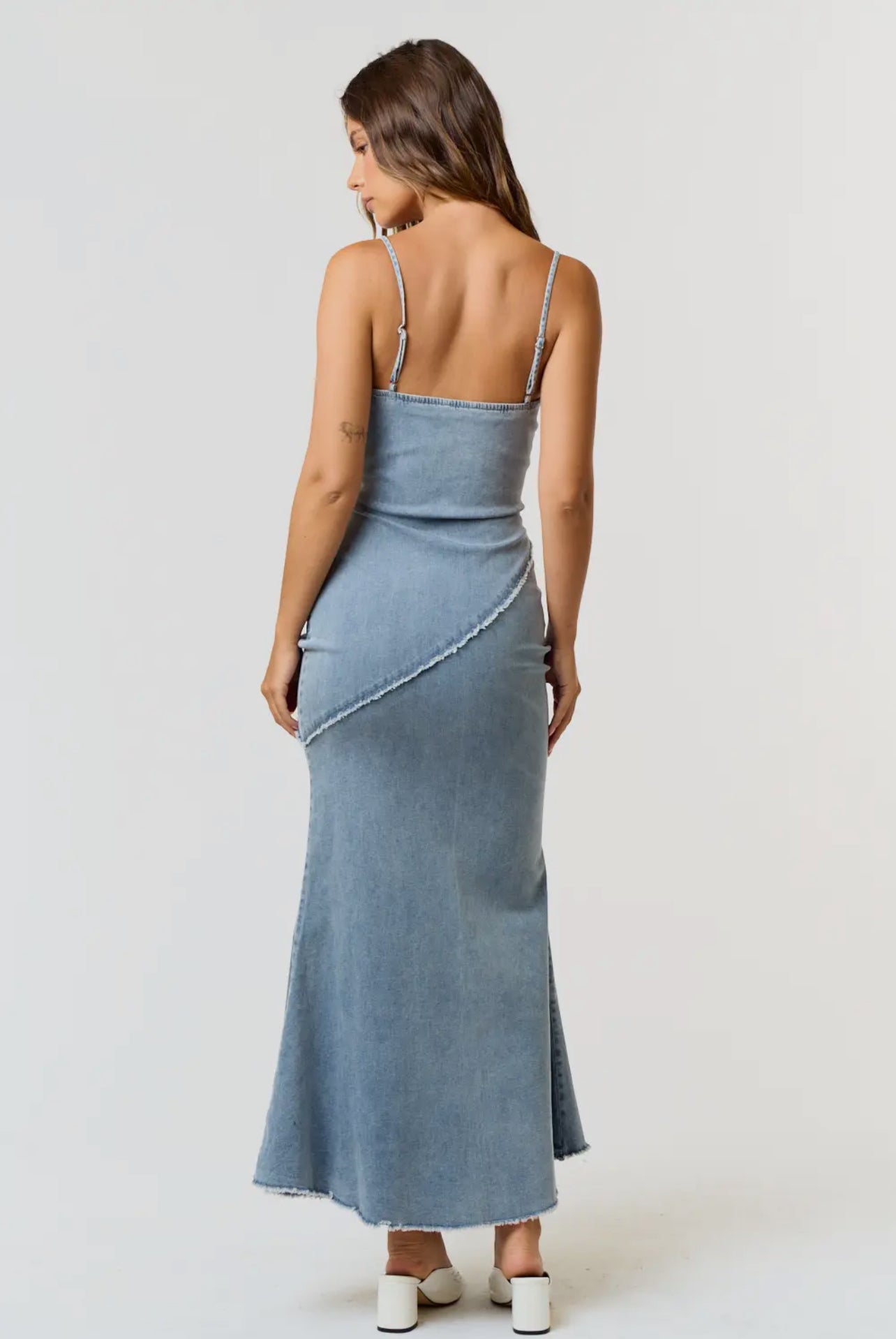 Denim Strappy Maxi Dress with Bias Cut Detail