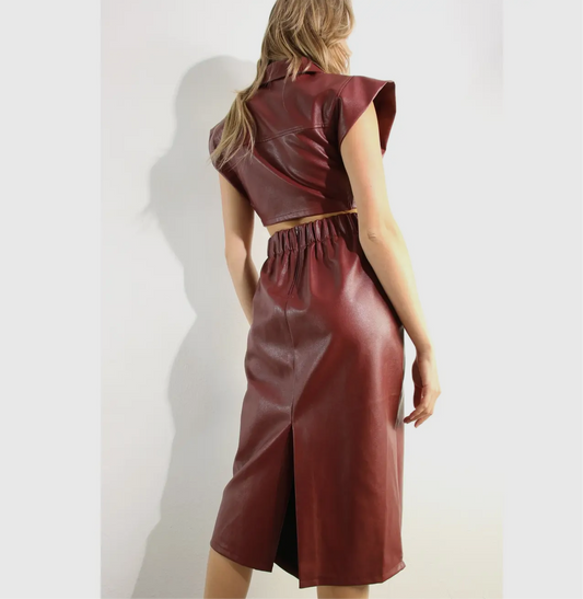 Faux Leather Vest Jacket & Skirt Set