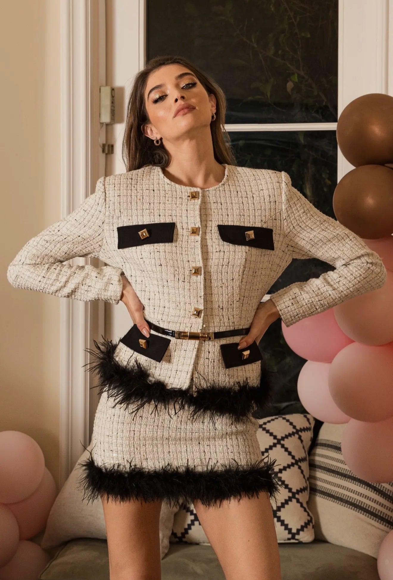 White and Black Cropped Tweed Jacket and Skirt Set