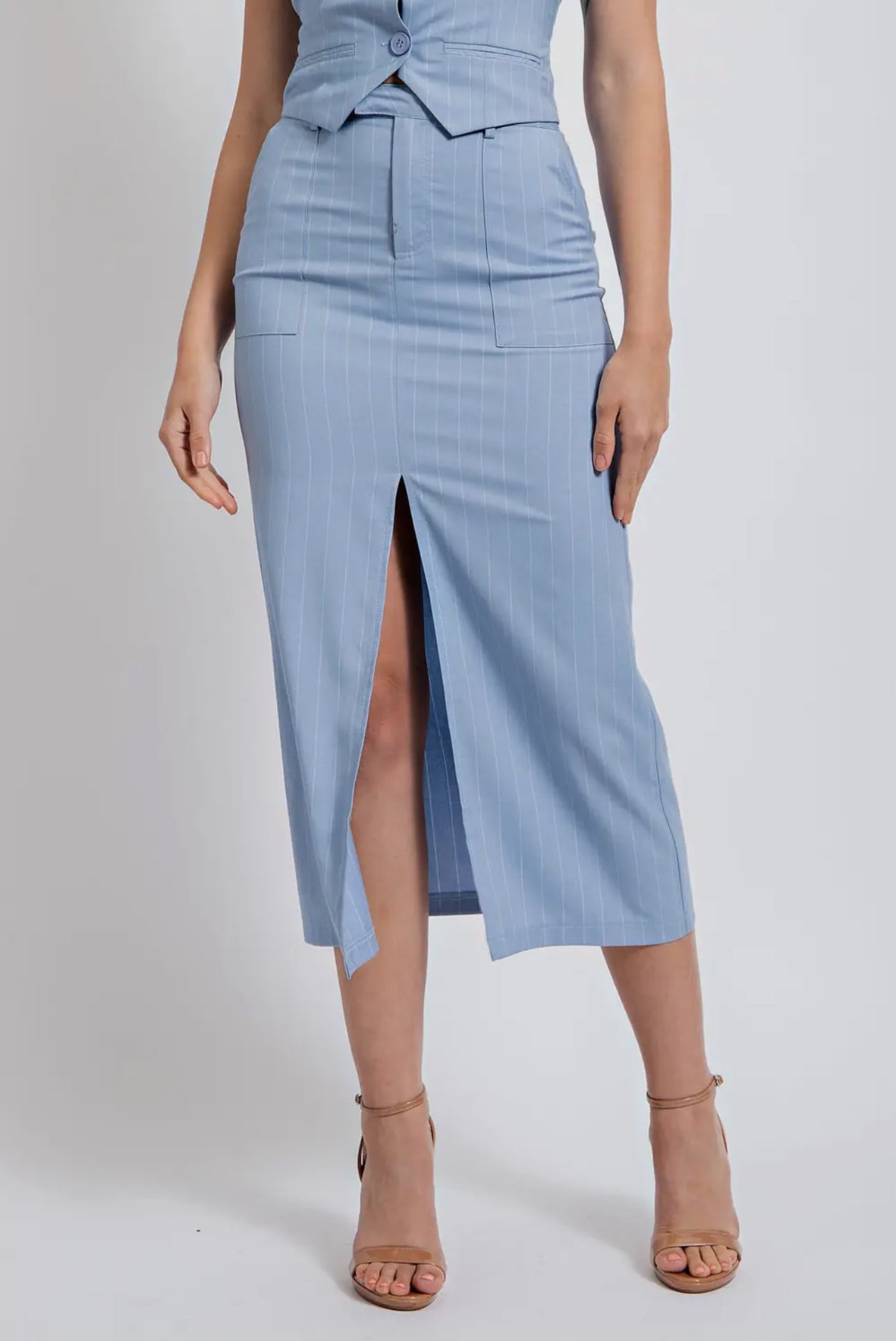 Pinstripe Midi Skirt with Front Slit