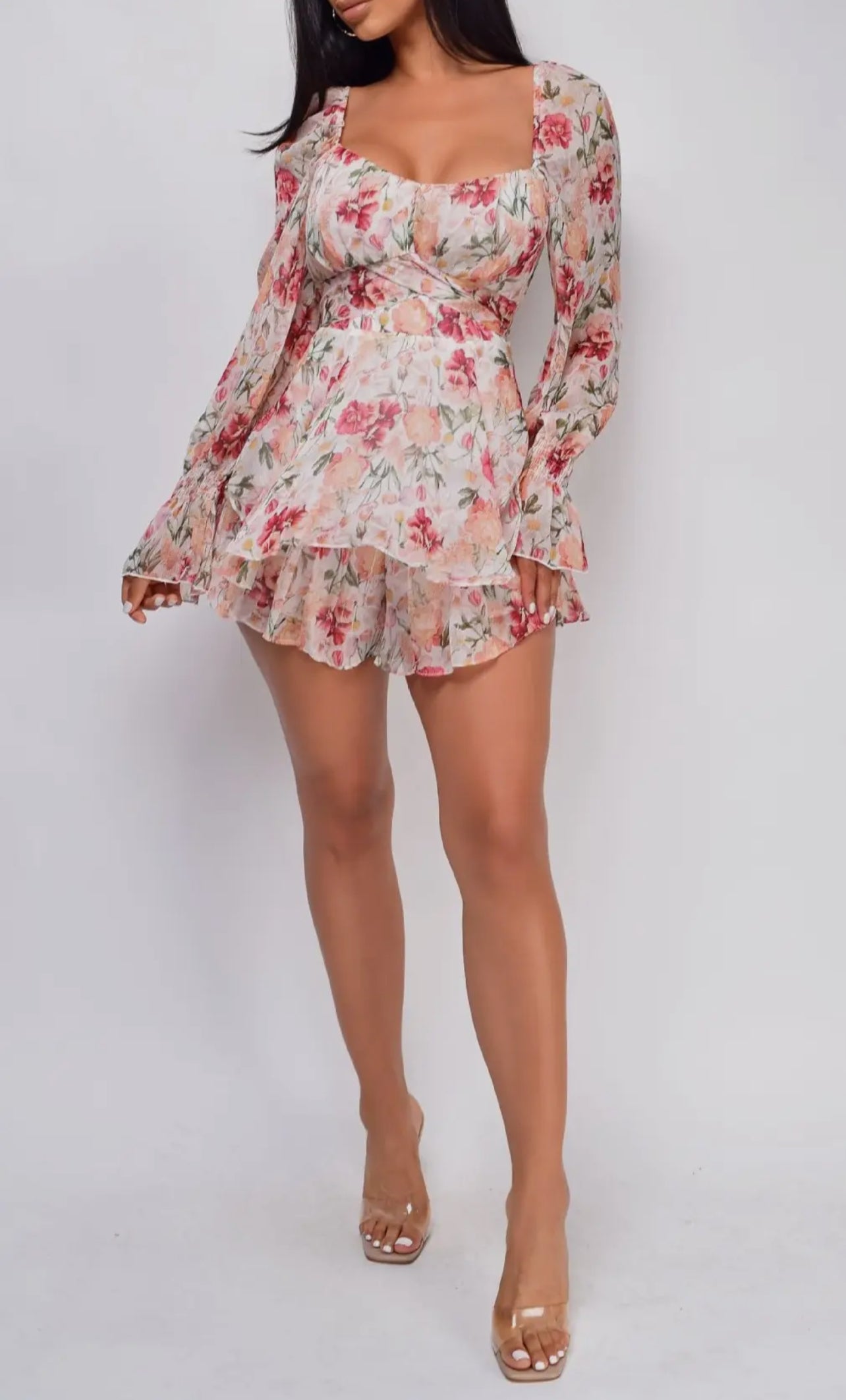 Floral Ruffle Off the Shoulder Shirred
Chiffon Romper