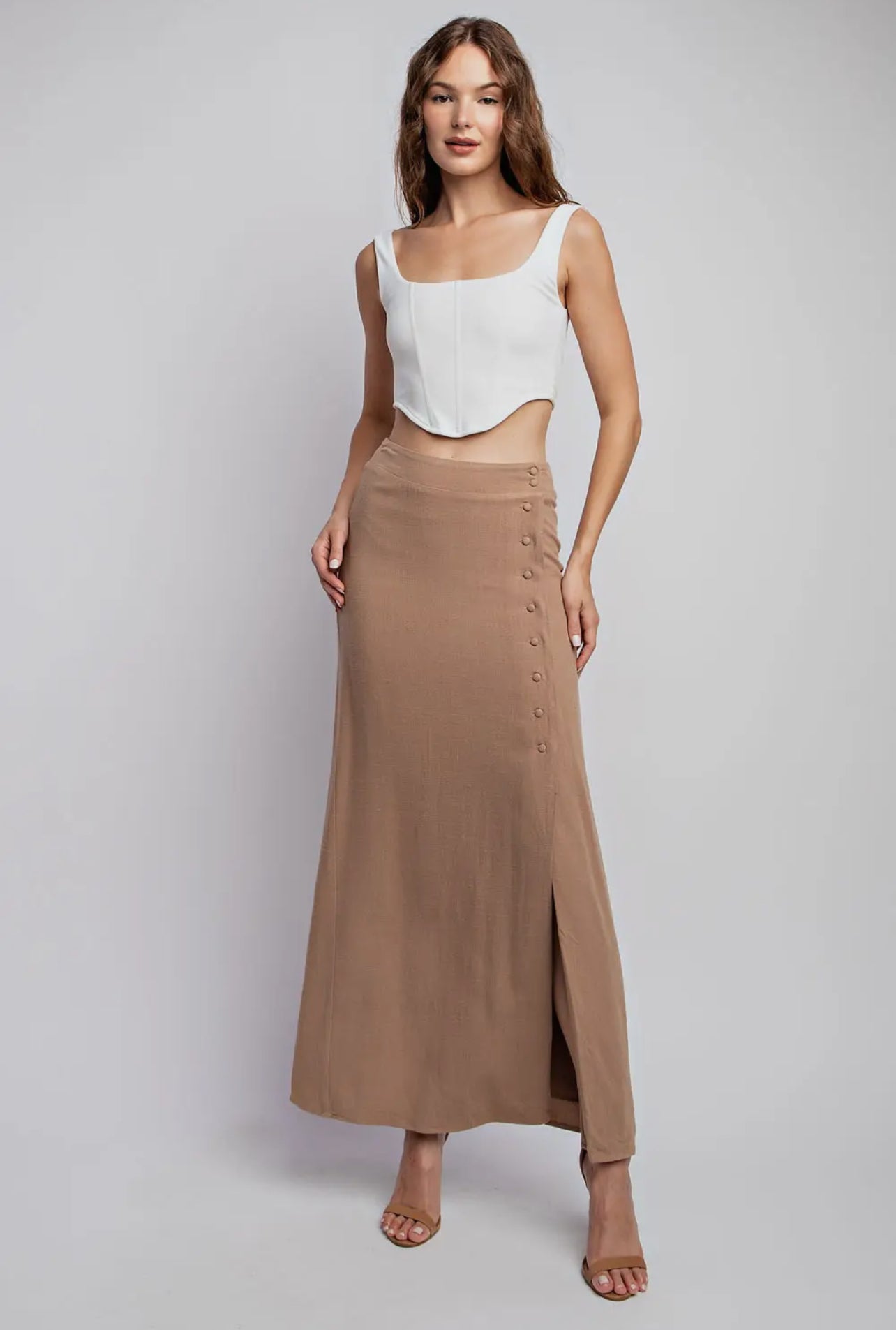 Linen covered button detailed maxi Skirt+west set