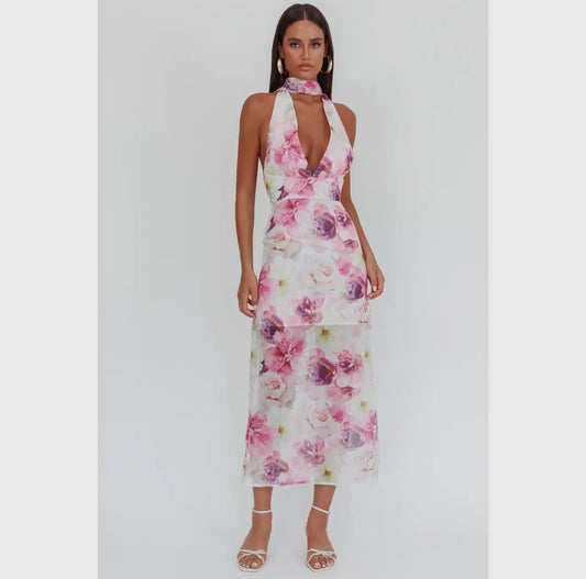 V Neck Floral Maxi Dress