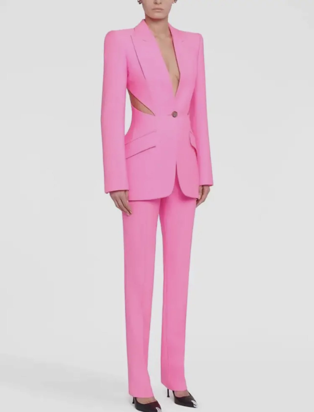 Chic Pink Mesh-Stitch Slim
Suit Set