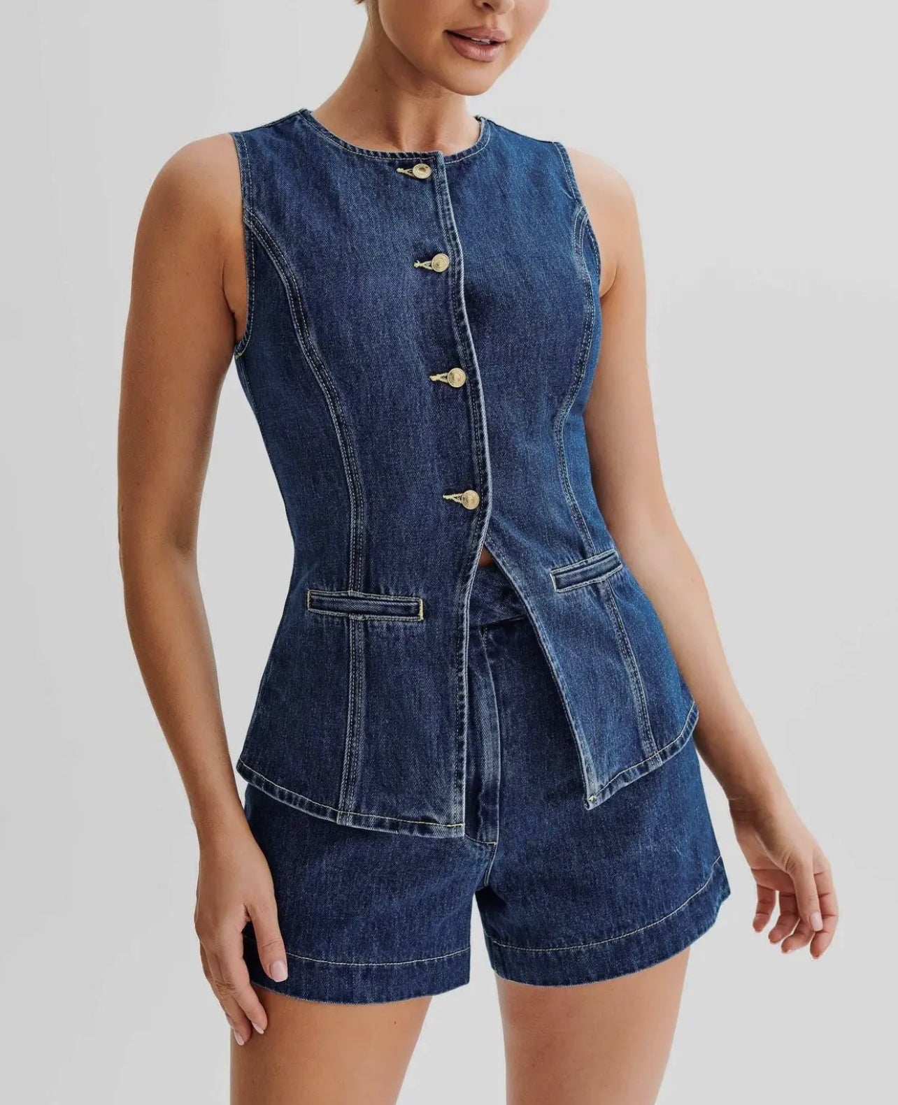 Stylish Denim Sleeveless Top High-Waisted Shorts Set