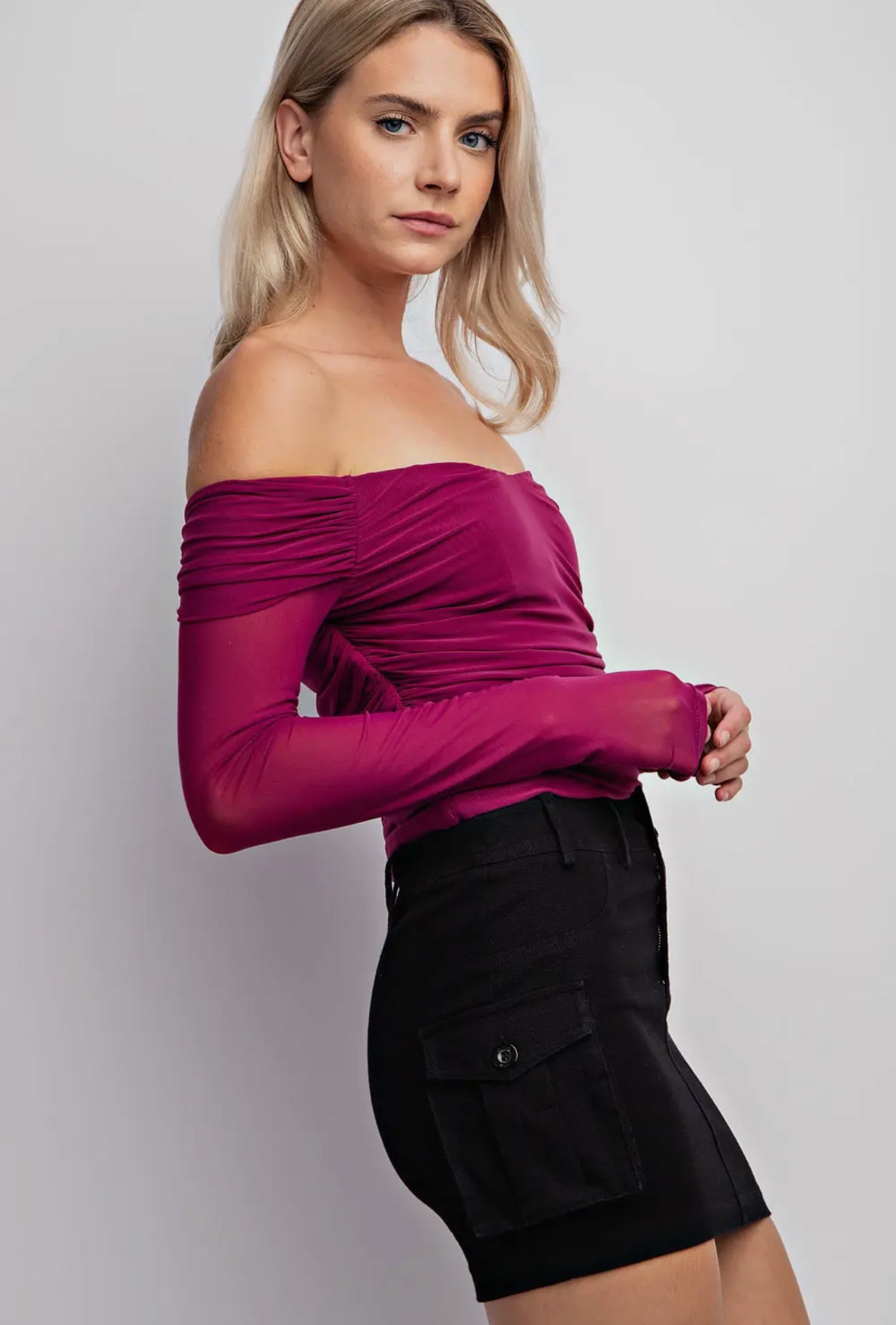 Mesh Off Shoulder Draped Long Sleeve Top