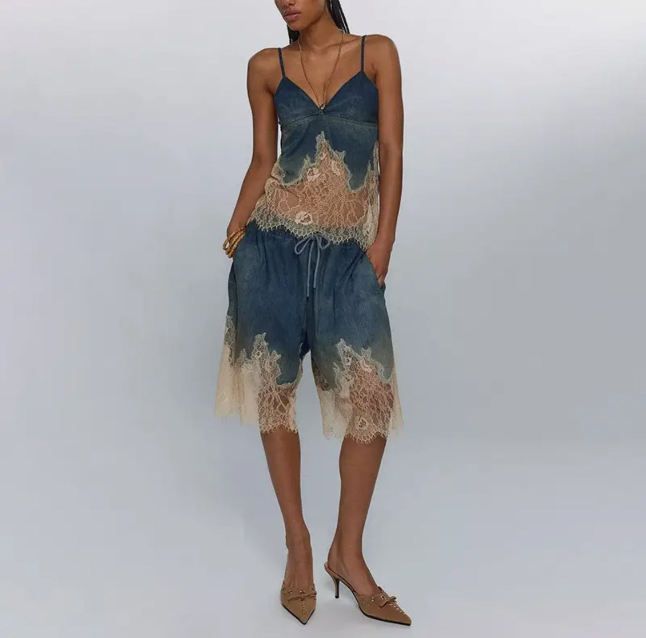 Sexy Lace Suspender Top &
Denim Shorts Set