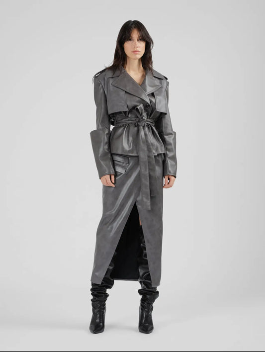 Werd Vegan Leather Jacket& Zied Grey Vegan Leather Wrap Skirt