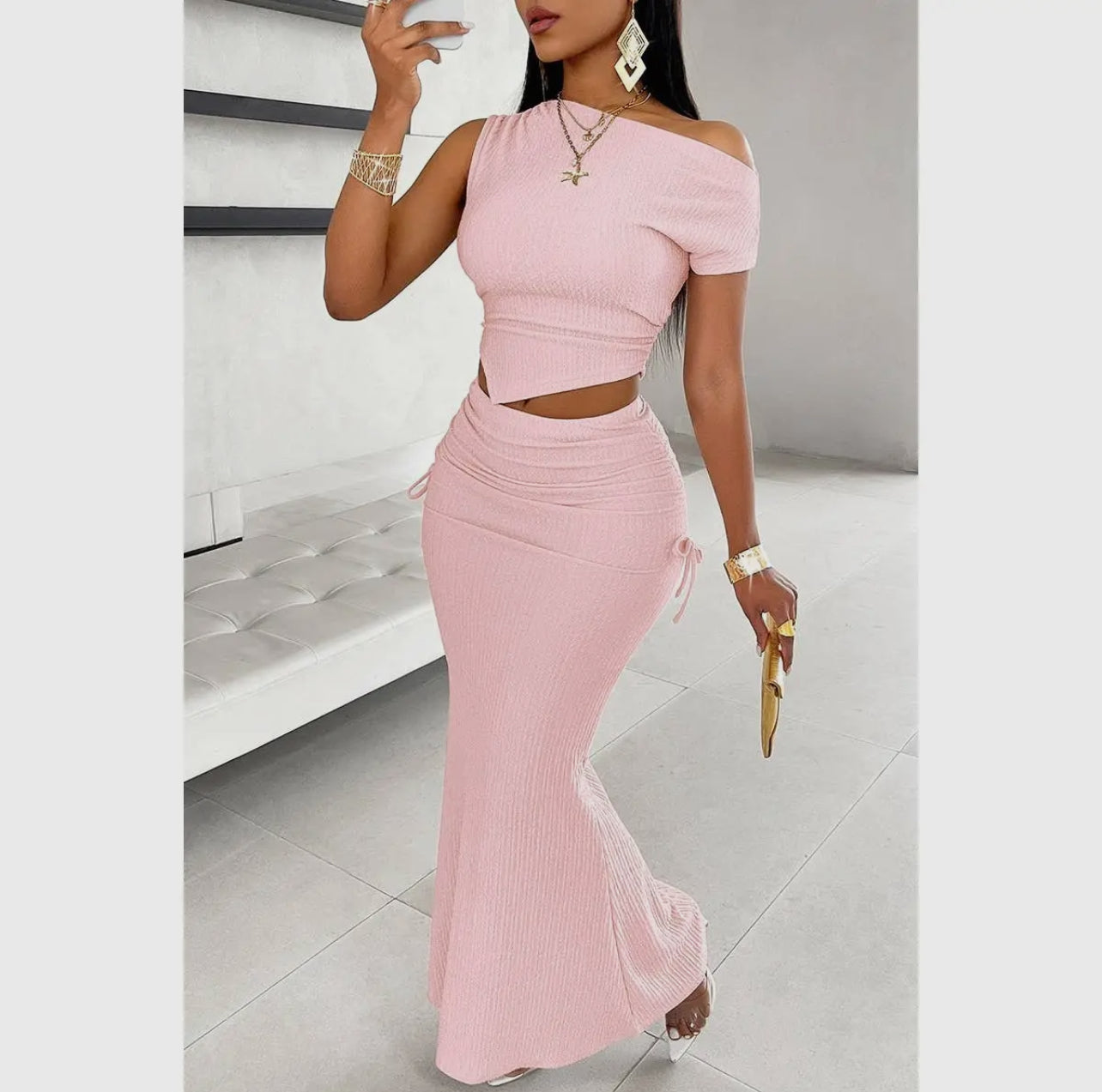 One Shoulder Pleated Ruched Bodycon
Long Skirt Set