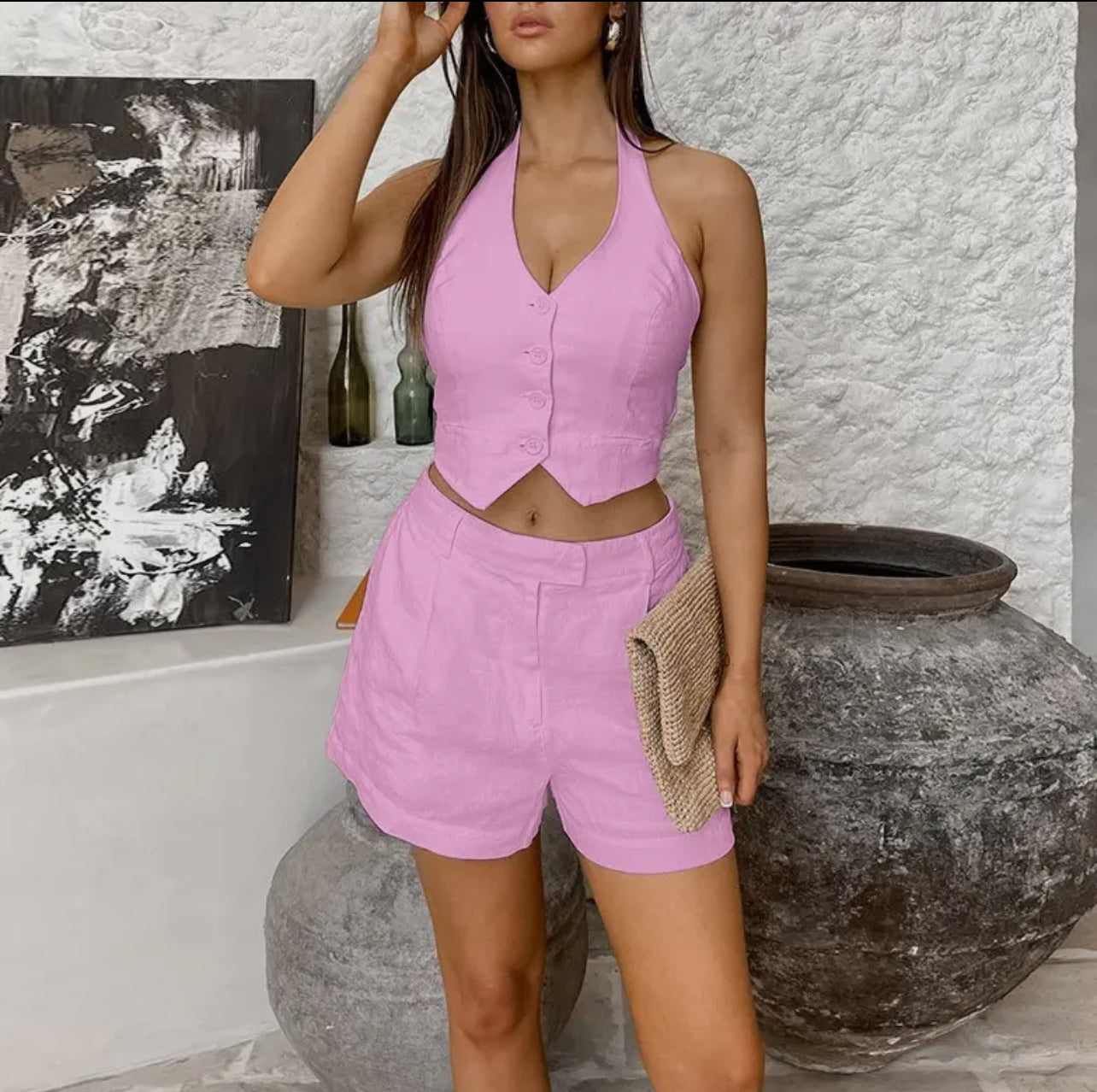 V-Neck Halter Waistcoat Shorts Two-Piece Set