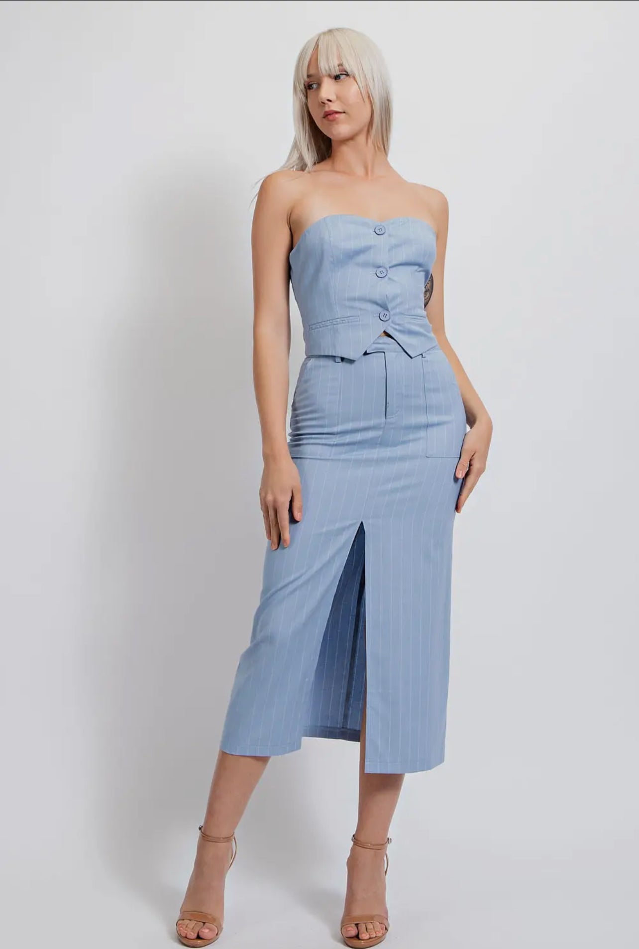 Pinstripe Midi Skirt with Front Slit